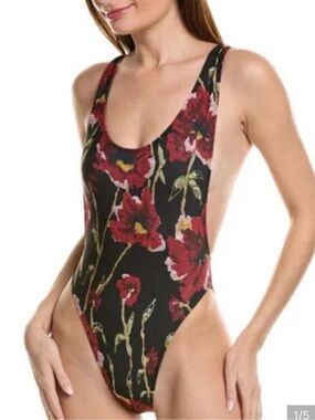 Norma Kamali Black One-Piece Swimsuit with Red Floral Print